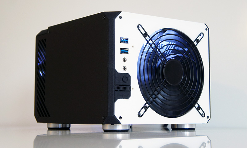 LZ7 with Midnight White open side panel with fan guard fitted for maximum airflow and minimum noise